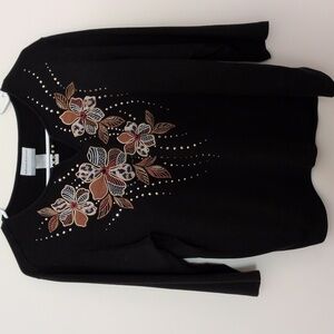 Alfred Dumner Black Floral Top with Studs and Beading Size PL